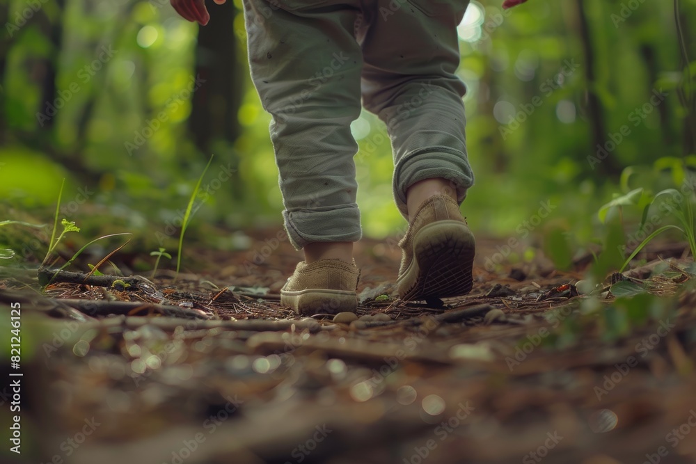 Close-up of a child walking in a forest during a peaceful morning Close-up of a child walking in a forest during a peaceful morning
