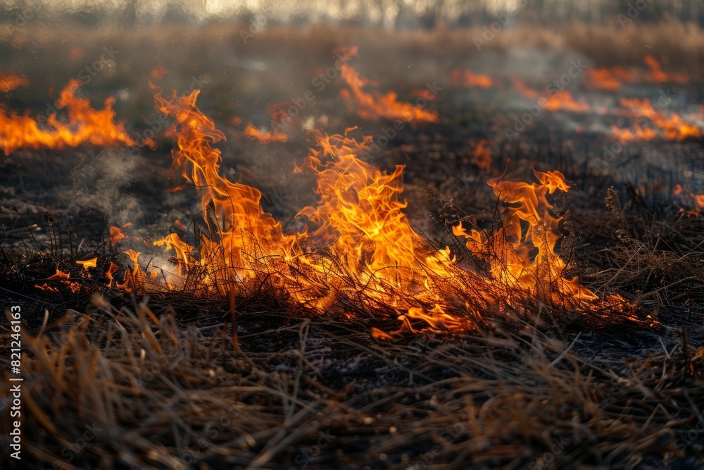 A field of dry grass is on fire A field of dry grass is on fire