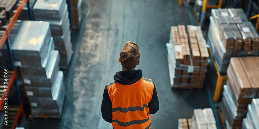 A warehouse worker standing amidst rows of packaged goods, supervising the storage area
