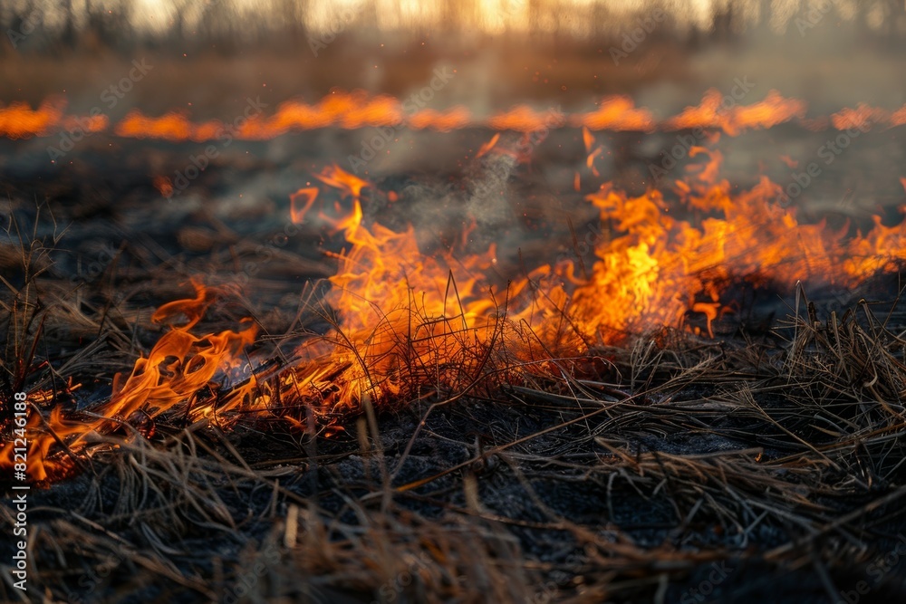A field of dry grass is on fire A field of dry grass is on fire