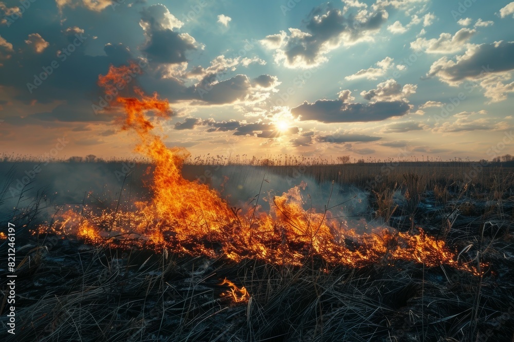 A field of dry grass is on fire, with the sun setting in the background A field of dry grass is on fire, with the sun setting in the background