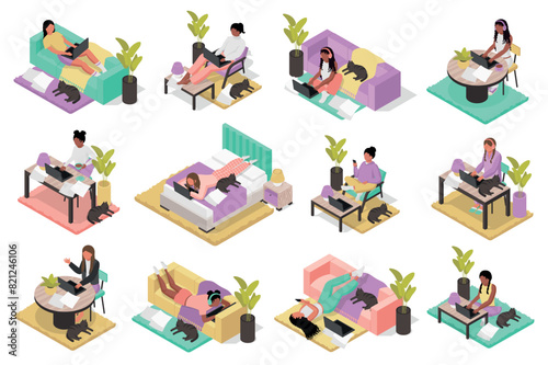 Work from home 3d isometric mega set. Collection flat isometry elements of people working at laptop online and sitting armchair or office desk and lying sofa or bed at home. Vector illustration.