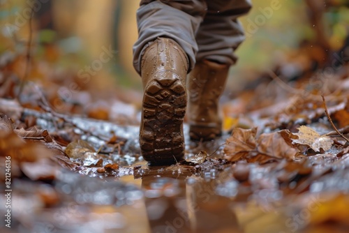 Close-up of child s feet walking in muddy forest path during autumn morning