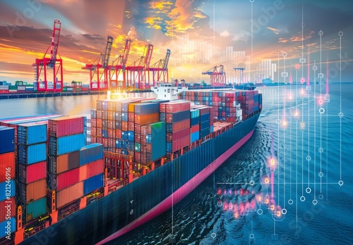 Wallpaper Mural Analysis of container cargo ships in global business logistics, focusing on import/export freight shipping, transportation, and big data visualization with graphs and charts for business information. Torontodigital.ca