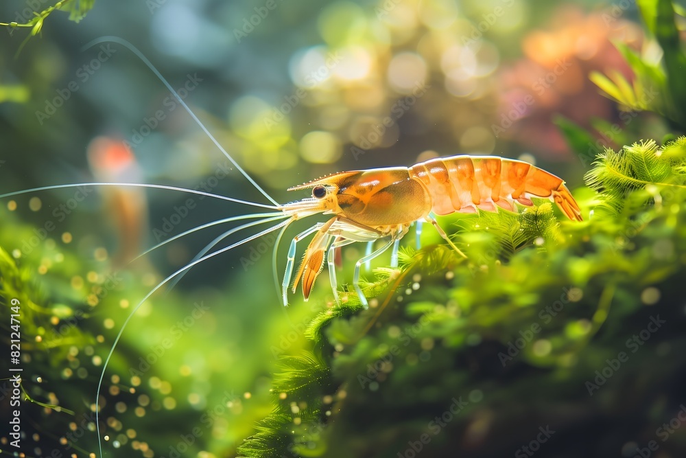 Vibrant Orange Shrimp on Green Algae in Freshwater Aquarium Vibrant Orange Shrimp on Green Algae in Freshwater Aquarium