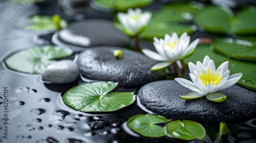 A peaceful spa scene featuring a cluster of water lilies with vibrant green pads, surrounded by a selection of zen stones that add a touch of natural elegance to the still water.