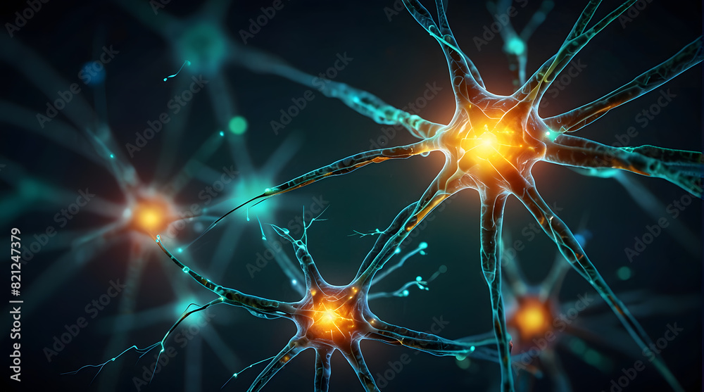Illustration of Neuron Cells with Glowing Link Knots, Depicting Synapse and Electrical Signals in the Brain Illustration of Neuron Cells with Glowing Link Knots, Depicting Synapse and Electrical Signals in the Brain