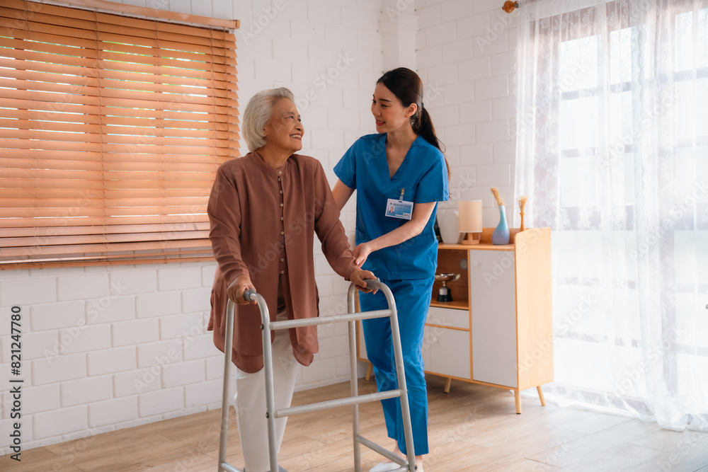 Fototapeta premium nursing home assistance in health insurance business concept, asian woman doctor or nurse caregiver support health care to elderly senior patient person, caretaker in medicals care recovery service
