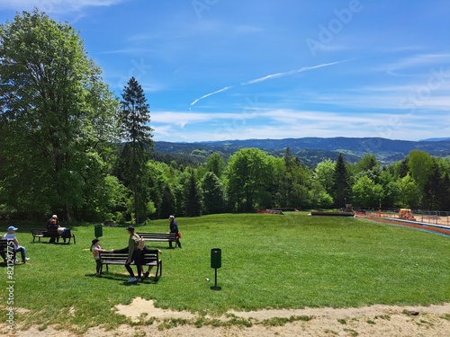 Fototapeta Naklejka Na Ścianę i Meble -  bench in the park beskidy mountains poland gora parkowa krynica zdroj 