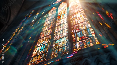 Majestic stained glass window casting colorful light in a church. Spiritual  peaceful  and artistic depiction of religious imagery. Perfect for backgrounds and print. AI