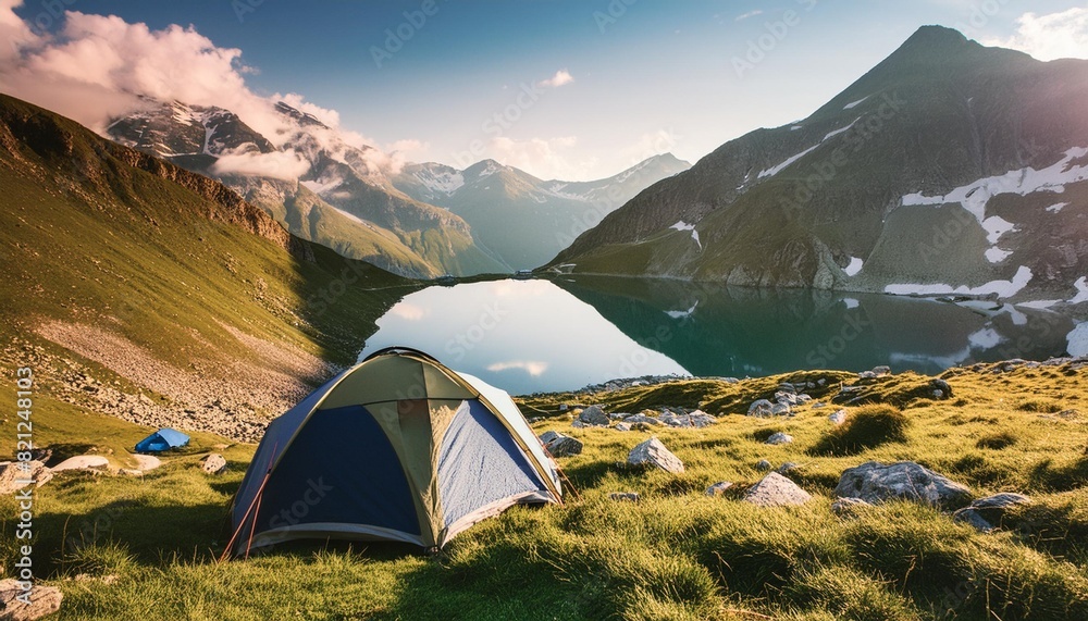 camping by the lake among the mountains
