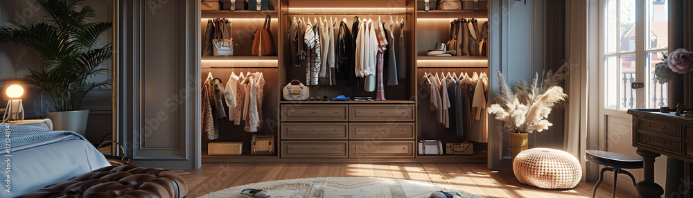 A bedroom with a large closet and a window