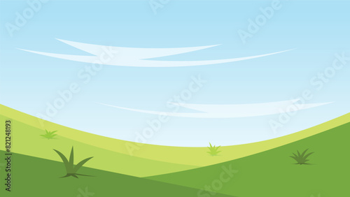 landscape cartoon scene. green filed with blue sky background