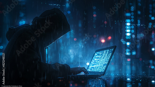 hacker man is sitting in front of a computer with a hood spy criminal password login information online
