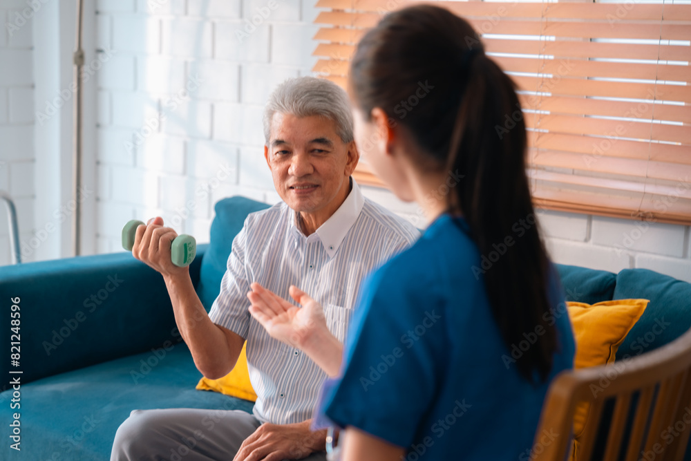 Obraz premium nursing home assistance in health insurance business concept, asian woman doctor or nurse caregiver support health care to elderly senior patient person, caretaker in medicals care recovery service