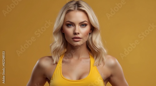 Beautiful attractive blonde woman model in a fitness costume isolated on yellow background