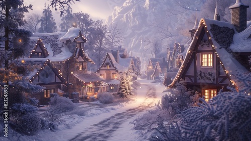 A snowy village scene with quaint cottages, glowing windows, and a dusting of snow, exuding a cozy and magical atmosphere perfect for Christmas celebrations.