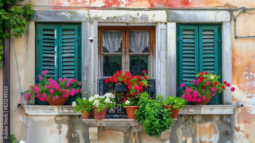 decorative details of houses  such as ornate doors  windows with colored shutters  or flower pots on window sills generative ai