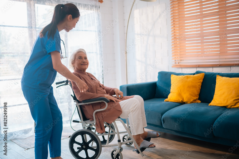 Happy Senior Asian Woman Receives Medical Care at Home, Doctor or Caregiver Nurse Provide Support Assistance, Enhancing Healthcare Services for Elderly Patients Retirement Happy Senior Asian Woman Receives Medical Care at Home, Doctor or Caregiver Nurse Provide Support Assistance, Enhancing Healthcare Services for Elderly Patients Retirement