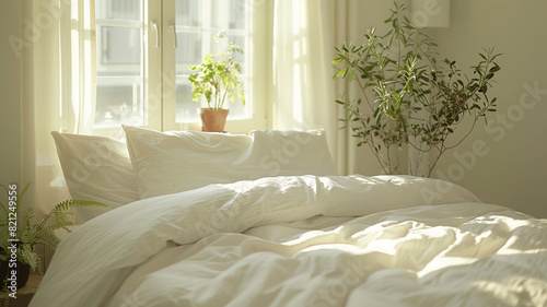 A white bedroom with a white bed and a white wall
