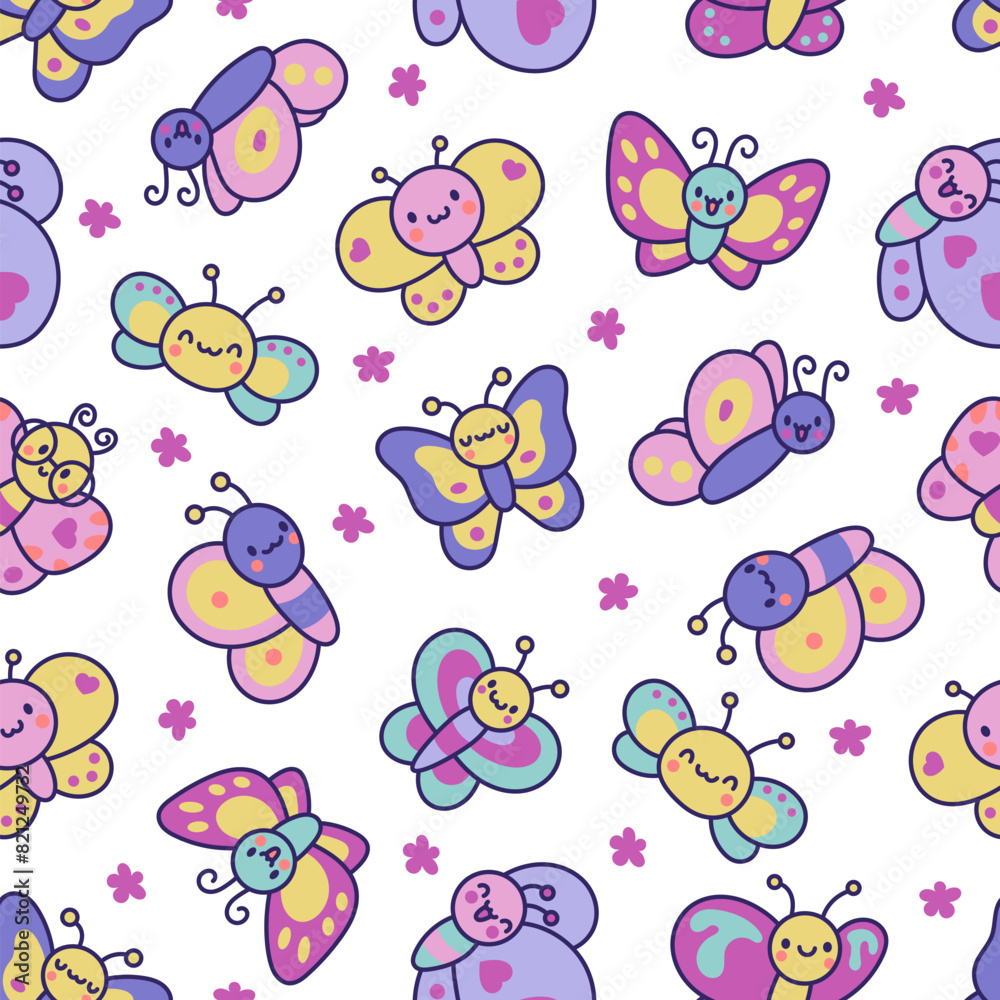 Smiling kawaii butterfly. Seamless pattern. Cute cartoon funny insects. Hand drawn style. Vector drawing. Design ornaments.