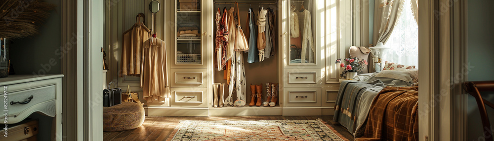 A bedroom with a large closet and a window