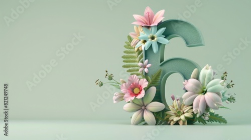 3D number "6" with pastel colored flowers and leaves on a light green background, minimal concept, copy space for text, studio