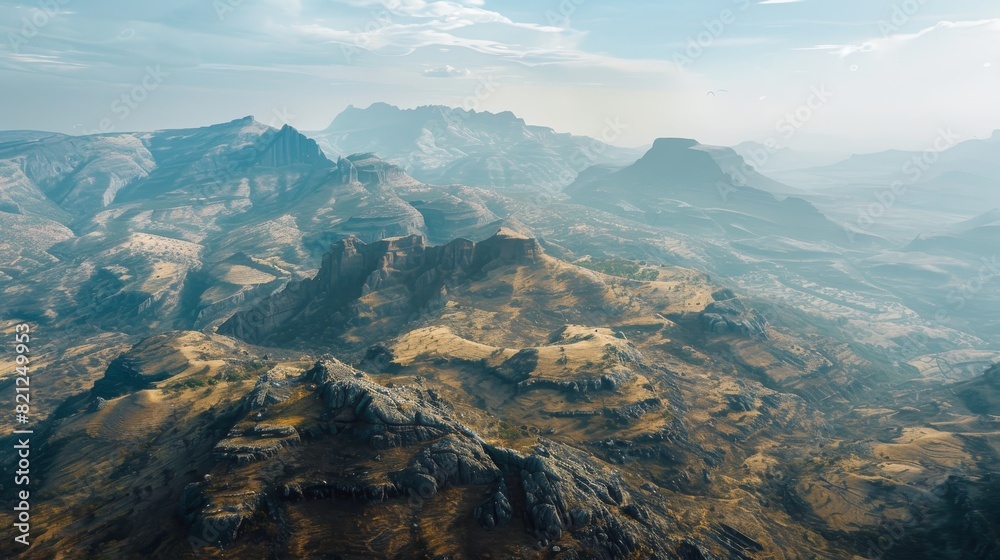 A stunning aerial view of a rugged mountain range under a hazy sky, with dramatic peaks and valleys stretching into the distance.