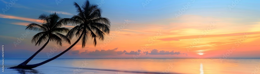 A tranquil tropical beach scene at sunset with colorful skies, palm trees, and calm ocean waters, capturing the essence of serenity and natural beauty. A tranquil tropical beach scene at sunset with colorful skies, palm trees, and calm ocean waters, capturing the essence of serenity and natural beauty.