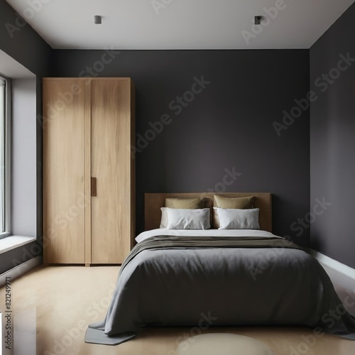 Wooden wardrobe against a black wall in minimalist style interior design of a modern bedroom with a bed photorealistic