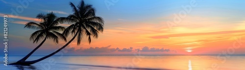 A tranquil tropical beach scene at sunset with colorful skies  palm trees  and calm ocean waters  capturing the essence of serenity and natural beauty.