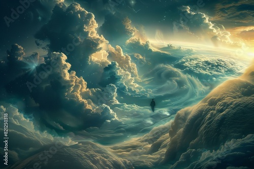 Surreal Dreamscape with Human Silhouette in Cloudy Fantasy World