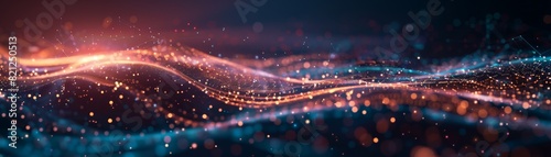 Abstract digital waves with glowing particles on a dark background  representing data flow and network connection in technology.