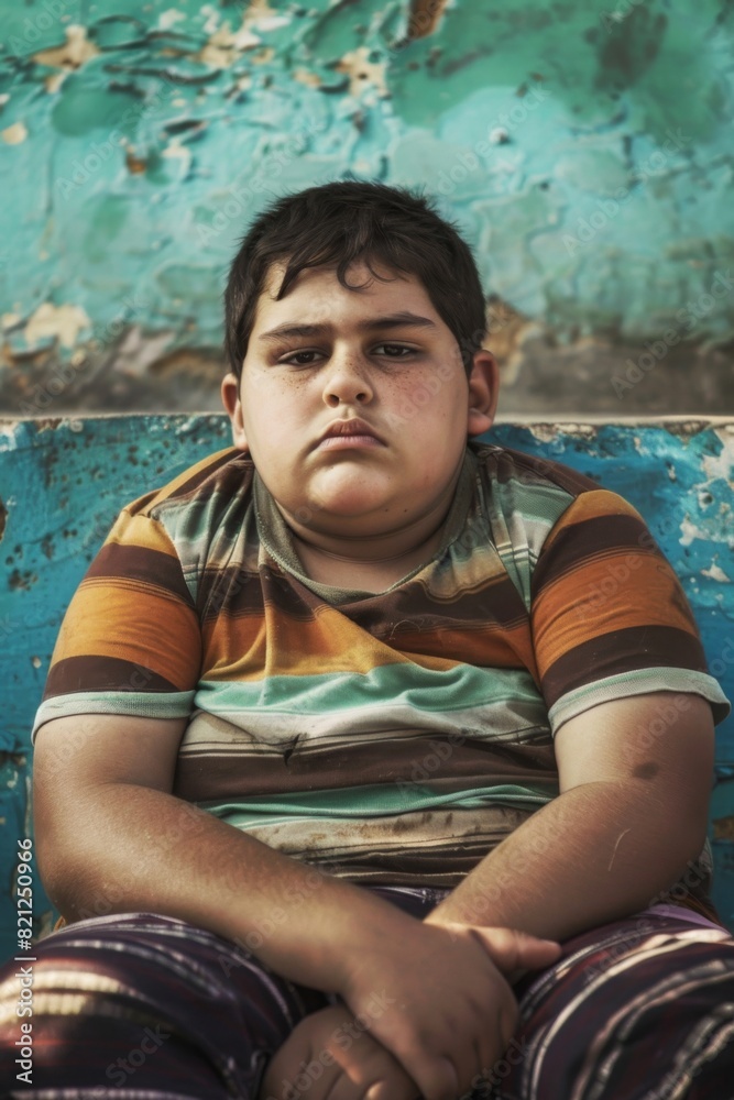 Portrait of a young boy sitting against a peeling turquoise wall, his expression reflecting the weight of urban poverty, realistic urban social problem Portrait of a young boy sitting against a peeling turquoise wall, his expression reflecting the weight of urban poverty, realistic urban social problem