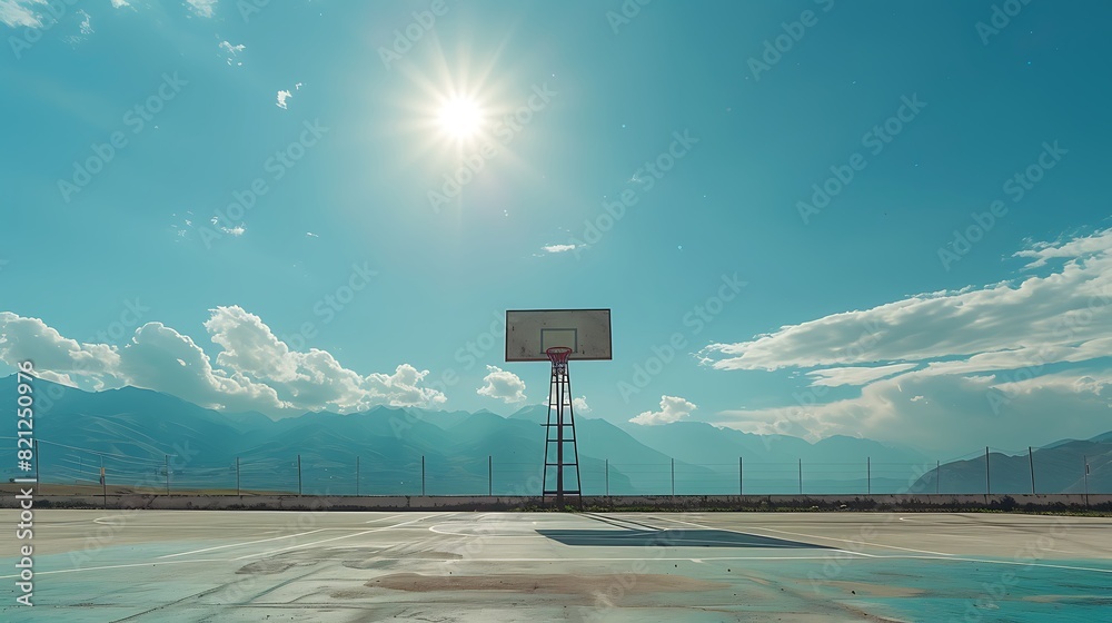 An outdoor basketball court with mountains in the background under a bright blue sky.