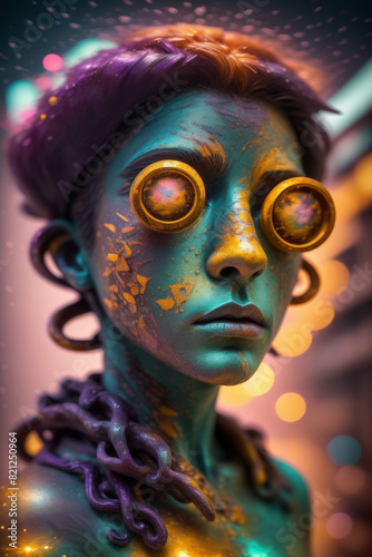 Futuristic Beauty: Cyberpunk Woman with Unusual Makeup and Goggles