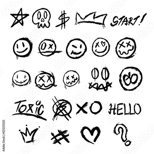 Set of graffiti spray paint, Star graffiti spray paint, Skull face graffiti spray paint, Dollar graffiti spray paint, Smile face graffiti spray paint, Crown graffiti spray paint