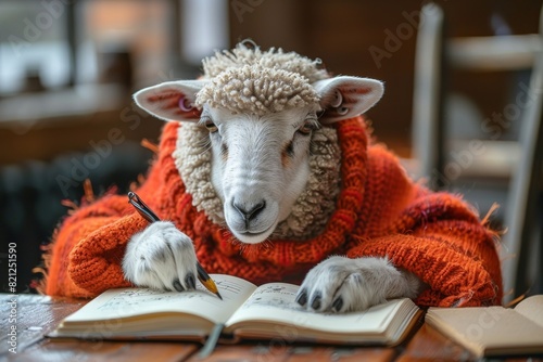 A sheep is sitting at a desk and writing in a book