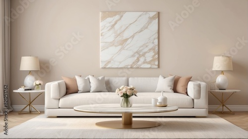 Home interior mockup with white sofa, marble table and tiffany beige wall decor in living room