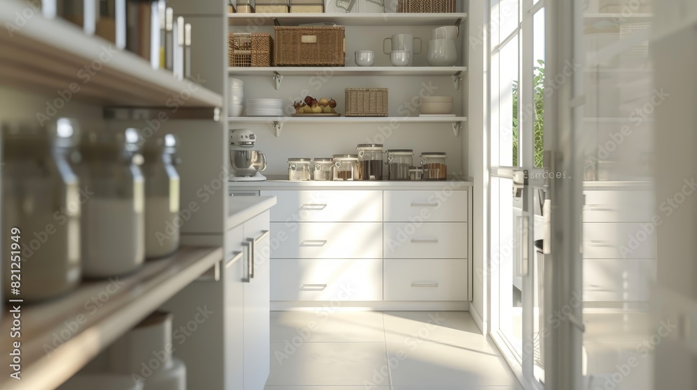 Bright and organized pantry with jars, baskets, and white cabinetry, showcasing a well-designed and functional kitchen storage solution. Bright and organized pantry with jars, baskets, and white cabinetry, showcasing a well-designed and functional kitchen storage solution.