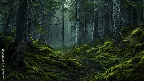 deep moody atmospheric forest vibrant green color, trees and moss in north and wet region of Earth photo