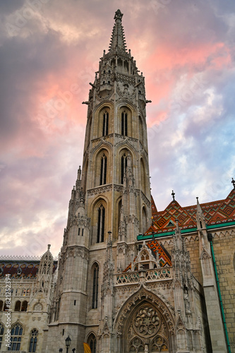 The Matthias church tower in sunset, Budapest Hungary photo