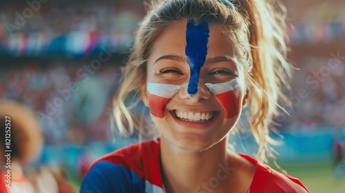 Excited Young French Football Fan Woman Cheering at European Soccer Tournament 2024, Close Up Portrait with French Flag Face Paint in Full Stadium - Summer Sports Enthusiasm