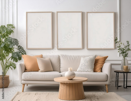 Modern cozy mock up and decoration furniture of living room with empty canvas frame