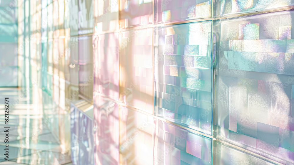 Pastel colored glass tile wall with reflections creating a soft, abstract, and modern geometric pattern.
