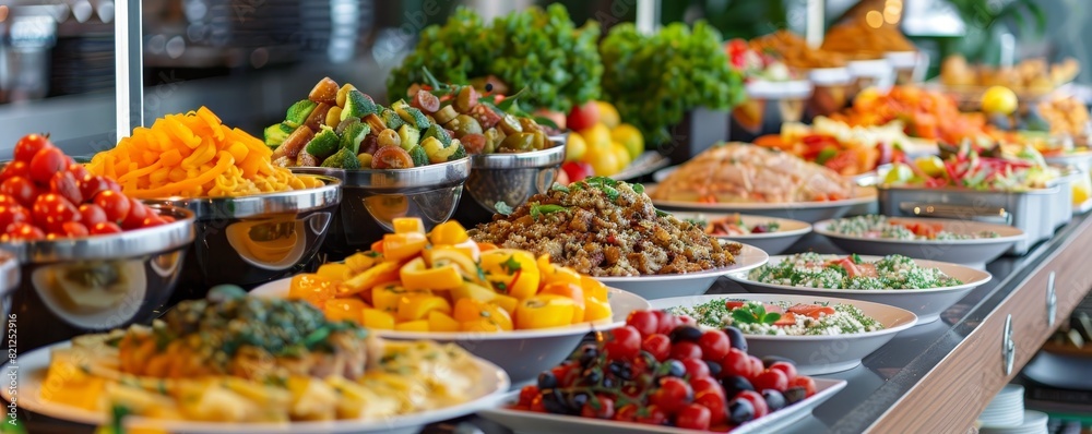 Obraz premium Colorful buffet spread with a variety of fresh fruits, salads, and delicious dishes in a vibrant and appetizing display.