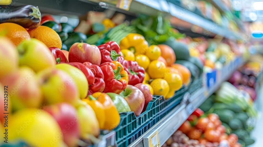 Colorful fruits and vegetables displayed on a store shelf, showcasing an assortment of fresh produce in a grocery store setting.