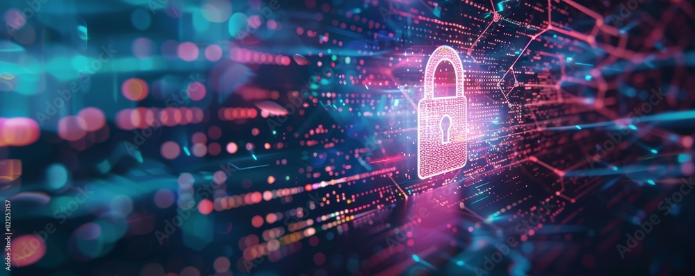 Obraz premium Digital security concept with a glowing padlock and virtual data flow. Cyber protection and information safety in technology-driven world.