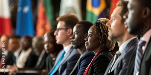 A row of diverse delegates at an international conference with blurred faces to maintain anonymity