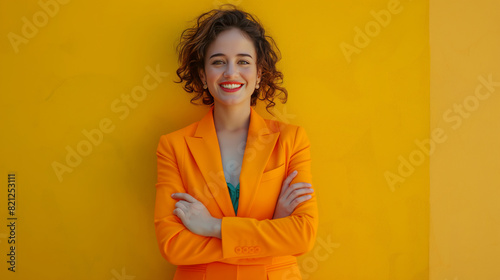 Business woman in a colorful vibrant fashion suit, smiling and standing confidently with her arms crossed. Concept: a successful woman with a great career, businesswoman running her own company